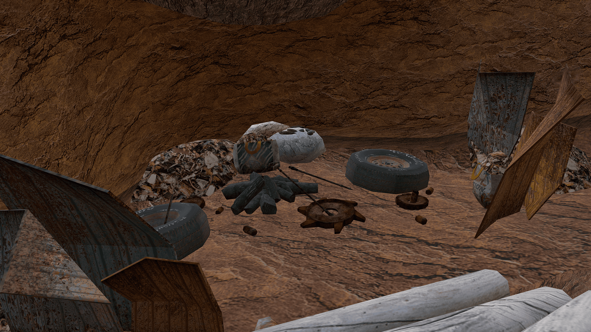 Final Render of a fireplace with a bunch of mess around it.